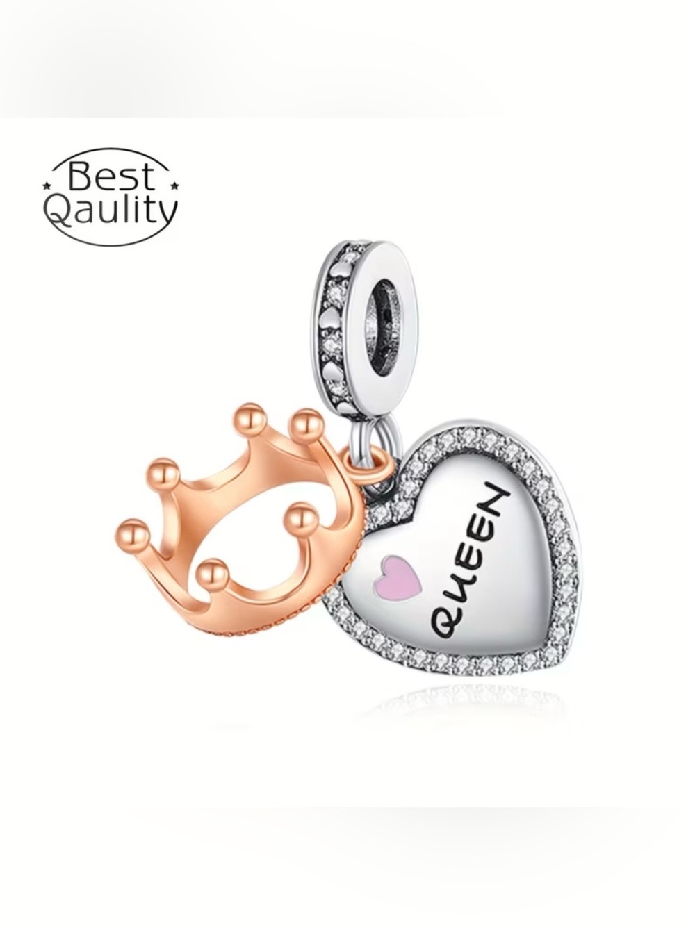 Sterling Silver 925 Queen Heart w/Golden Crown & Pink Heart Accent Charm Pendant